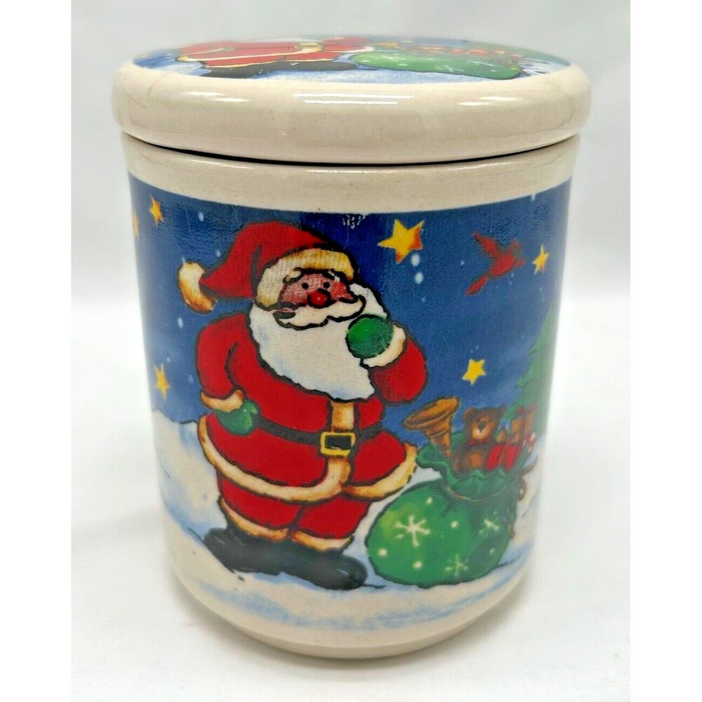 VINTAGE Merry Brite Stoneware Christmas Canister Candy Jar+Lid- Santa Claus 4.5"